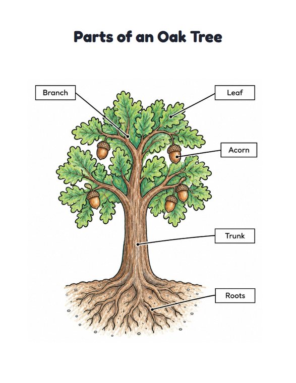 Parts of an Oak Tree worksheet (Medium, Grades 1–2)