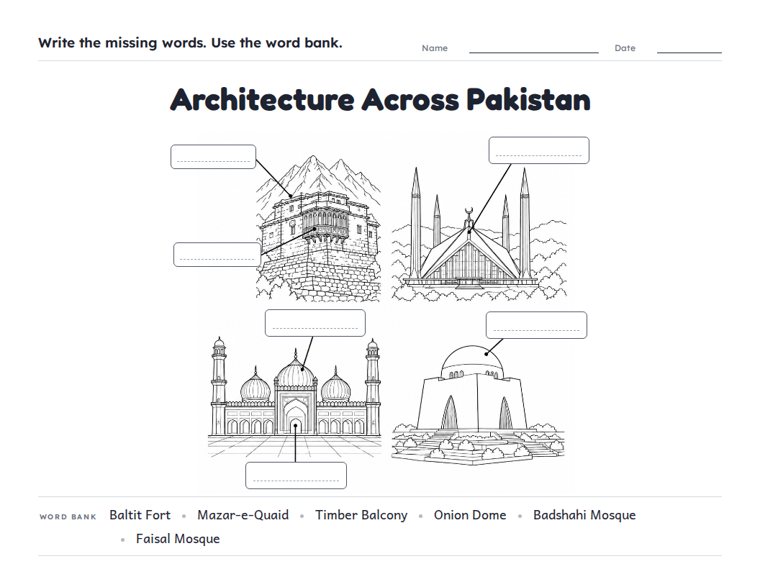 Architecture Across Pakistan worksheet (Hard, Grades 3–4)