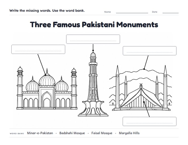 Three Famous Pakistani Monuments worksheet (Medium, Grades 1–2)