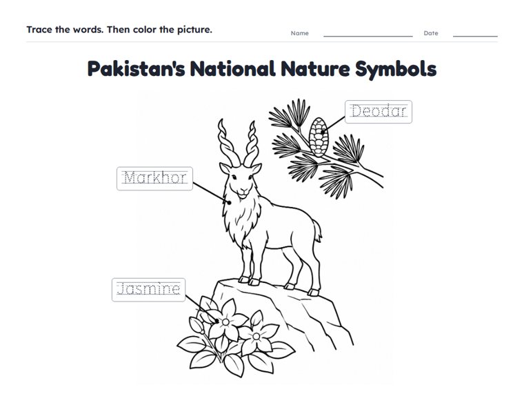 Pakistan's National Nature Symbols worksheet (Easy, Pre-K–K)
