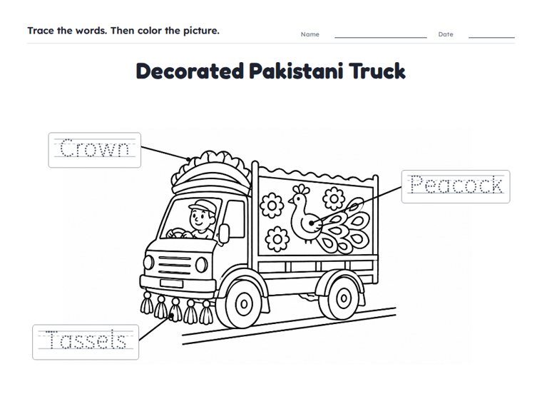 Decorated Pakistani Truck worksheet (Easy, Pre-K–K)