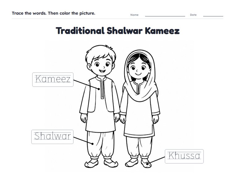Traditional Shalwar Kameez worksheet (Easy, Pre-K–K)
