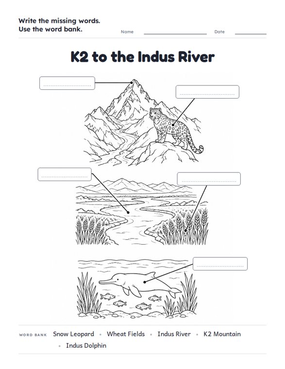 K2 to the Indus River worksheet (Medium, Grades 1–2)