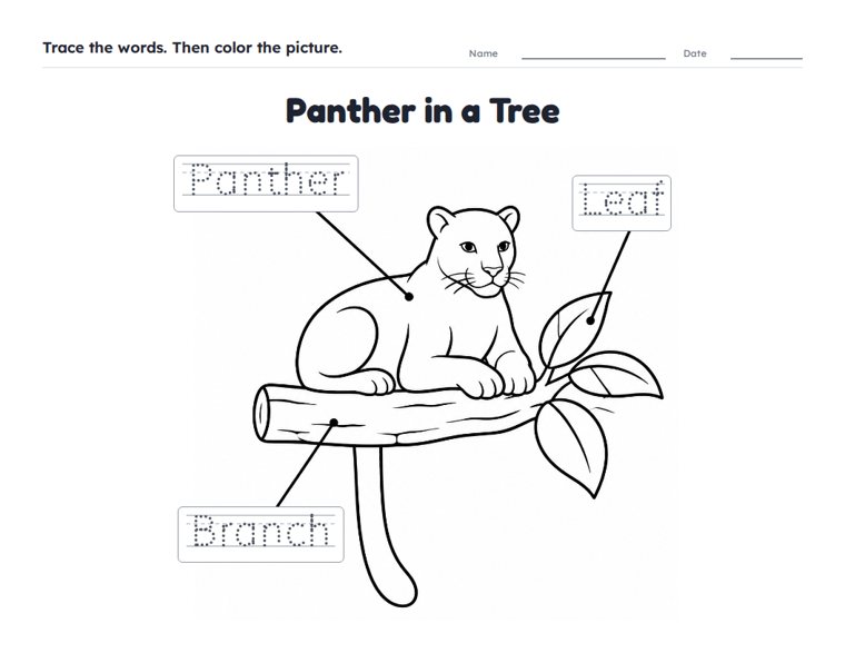 Panther in a Tree worksheet (Easy, Pre-K–K)
