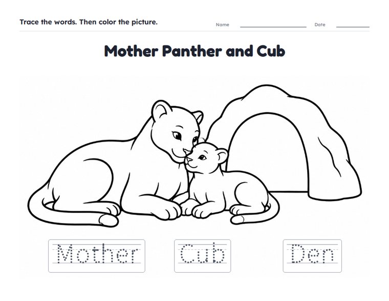 Mother Panther and Cub worksheet (Easy, Pre-K–K)