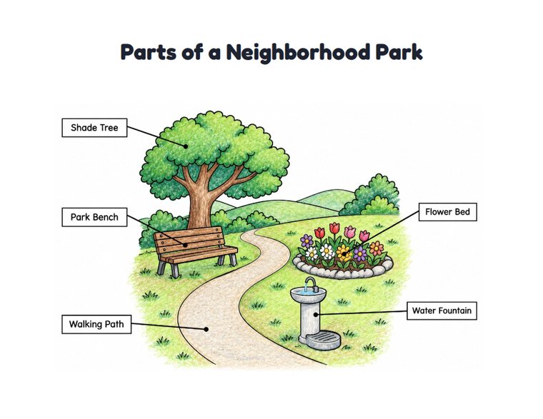 Parts of a Neighborhood Park worksheet (Medium, Grades 1–2)