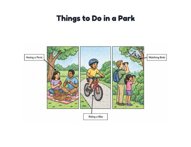 Things to Do in a Park worksheet (Medium, Grades 1–2)