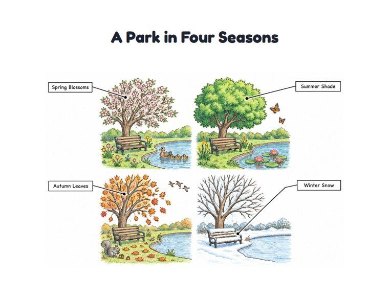 A Park in Four Seasons worksheet (Hard, Grades 3–4)