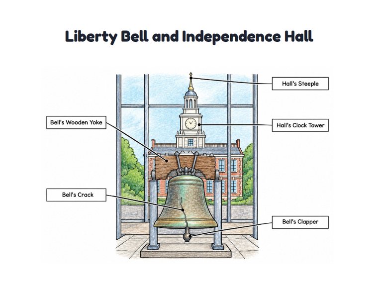 Liberty Bell and Independence Hall worksheet (Medium, Grades 1–2)