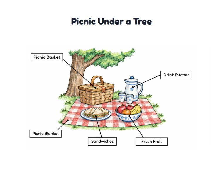 Picnic Under a Tree worksheet (Medium, Grades 1–2)