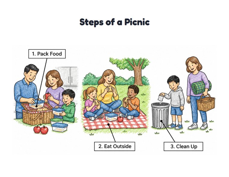 Steps of a Picnic worksheet (Medium, Grades 1–2)