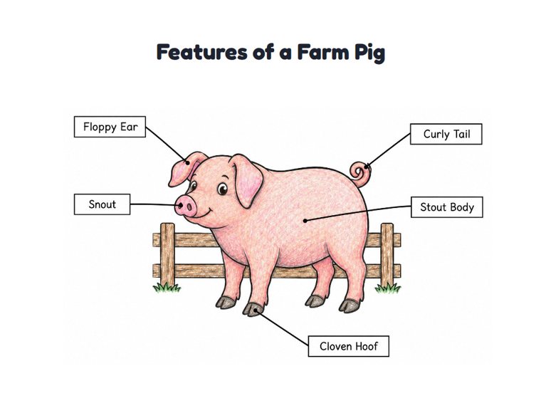 Features of a Farm Pig worksheet (Medium, Grades 1–2)