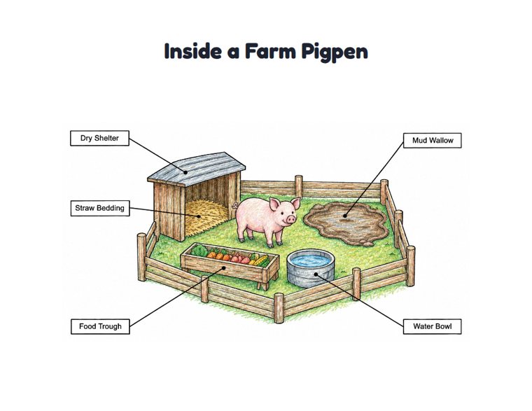 Inside a Farm Pigpen worksheet (Medium, Grades 1–2)