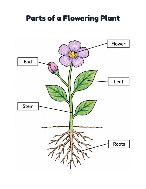 Parts of a Flowering Plant worksheet (Medium, Grades 1–2)