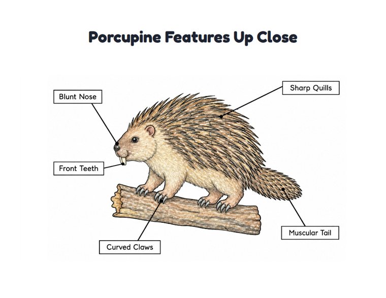 Porcupine Features Up Close worksheet (Medium, Grades 1–2)