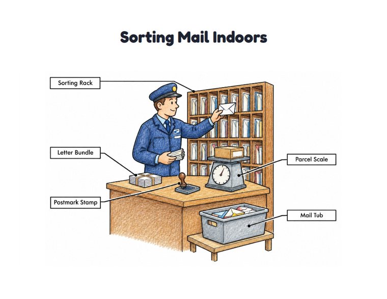 Sorting Mail Indoors worksheet (Medium, Grades 1–2)