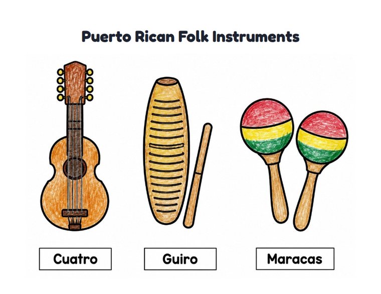 Puerto Rican Folk Instruments worksheet (Easy, Pre-K–K)