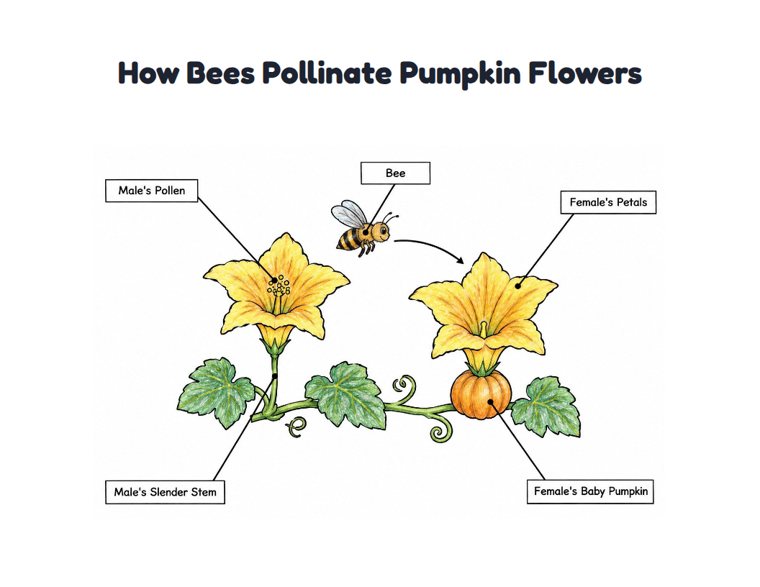 How Bees Pollinate Pumpkin Flowers worksheet (Medium, Grades 1–2)