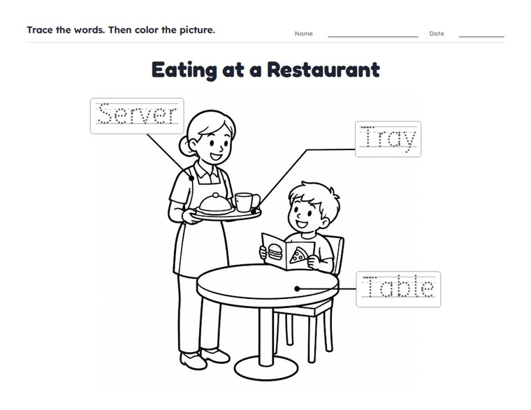 Eating at a Restaurant worksheet (Easy, Pre-K–K)