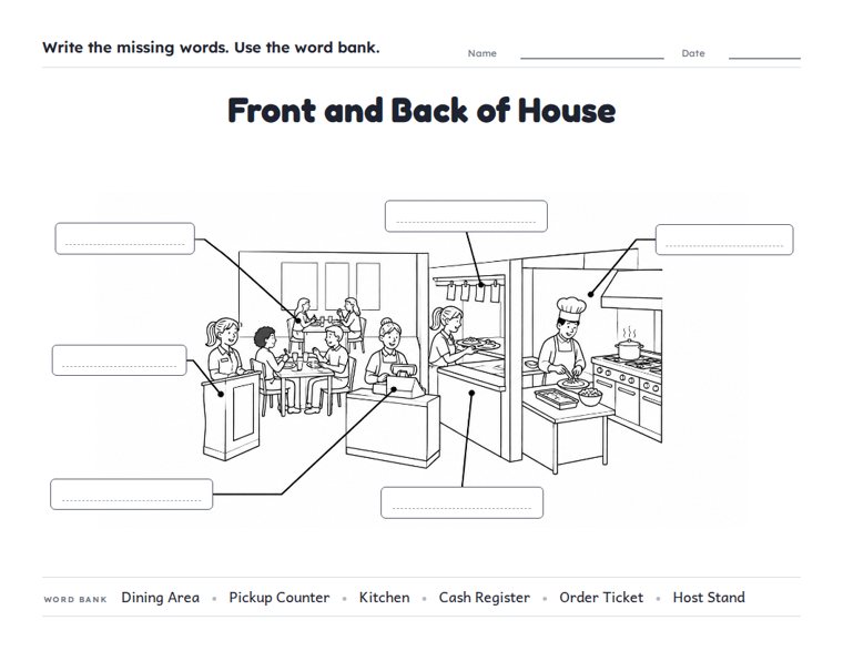 Front and Back of House worksheet (Hard, Grades 3–4)