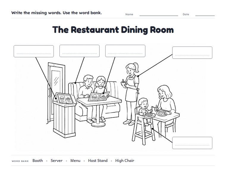 The Restaurant Dining Room worksheet (Medium, Grades 1–2)