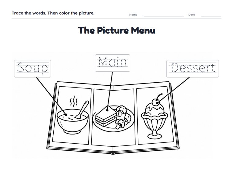 The Picture Menu worksheet (Easy, Pre-K–K)