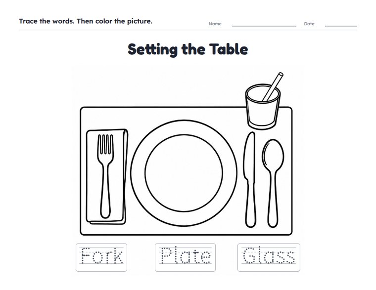 Setting the Table worksheet (Easy, Pre-K–K)