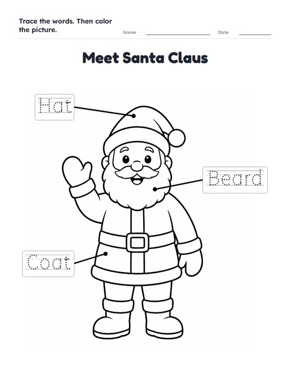 Meet Santa Claus worksheet (Easy, Pre-K–K)
