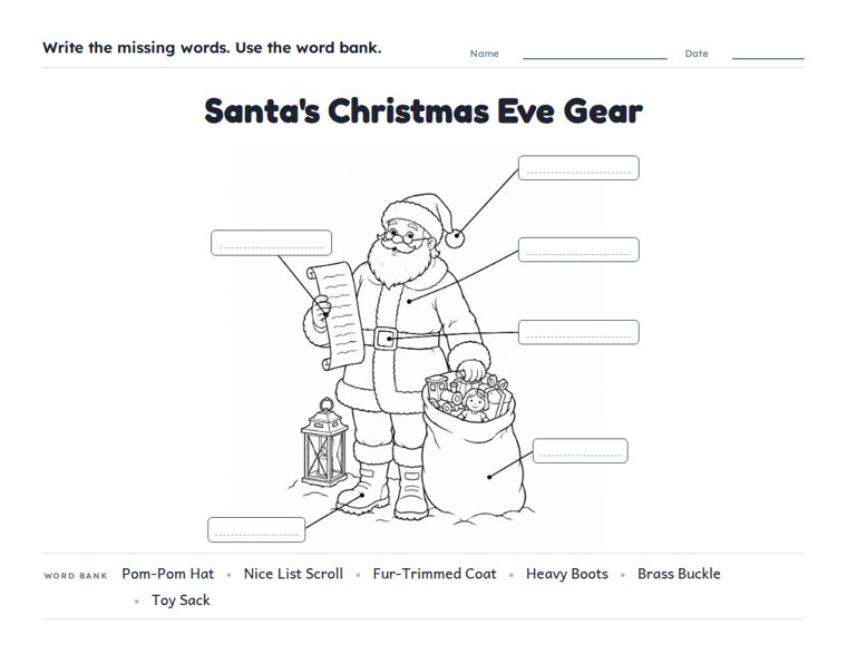 Santa's Christmas Eve Gear worksheet (Hard, Grades 3–4)