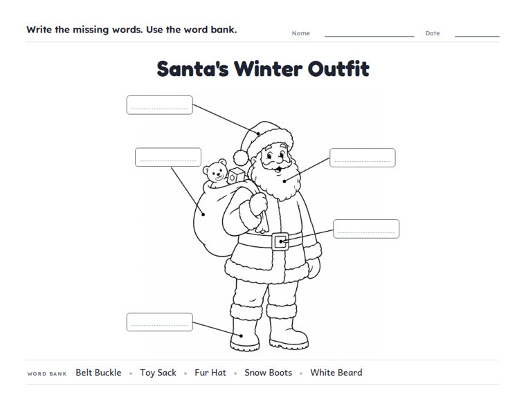 Santa's Winter Outfit worksheet (Medium, Grades 1–2)