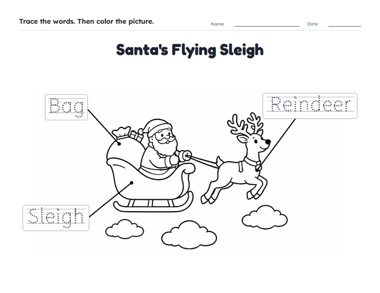 Santa's Flying Sleigh worksheet (Easy, Pre-K–K)