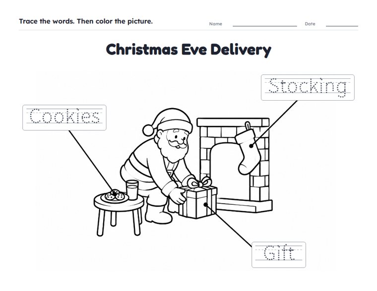 Christmas Eve Delivery worksheet (Easy, Pre-K–K)