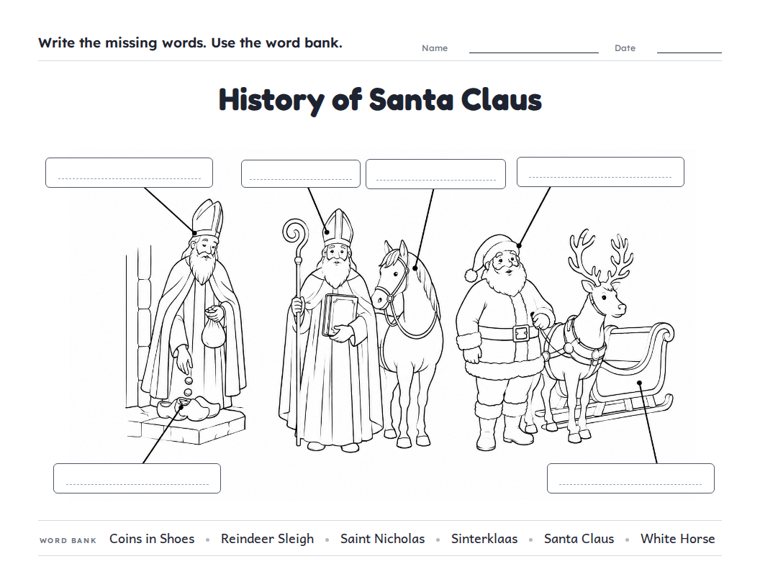 History of Santa Claus worksheet (Hard, Grades 3–4)