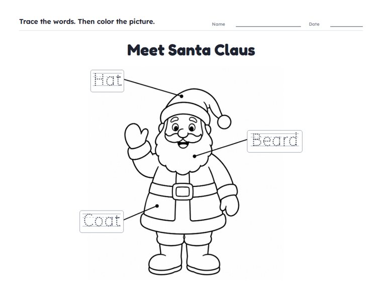 Meet Santa Claus worksheet (Easy, Pre-K–K)