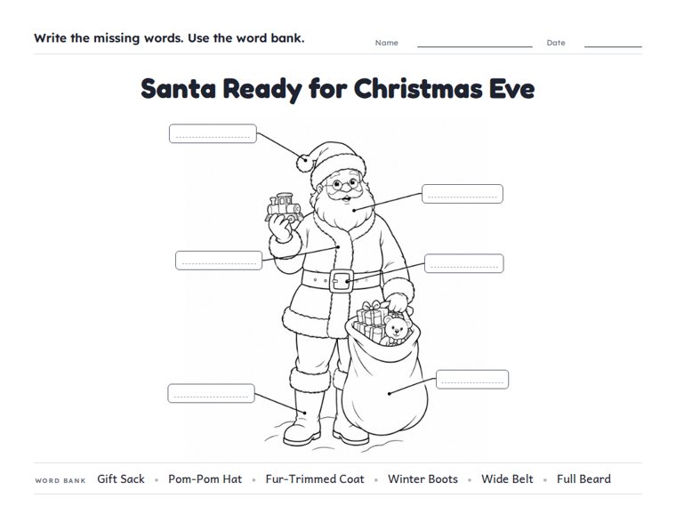 Santa Ready for Christmas Eve worksheet (Hard, Grades 3–4)