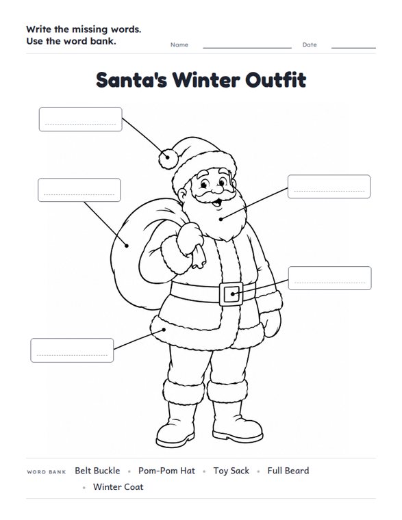 Santa's Winter Outfit worksheet (Medium, Grades 1–2)