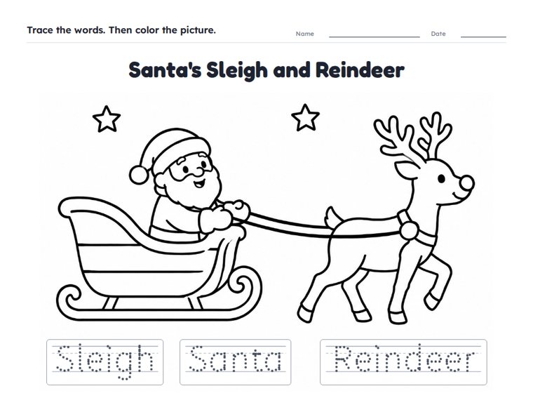 Santa's Sleigh and Reindeer worksheet (Easy, Pre-K–K)