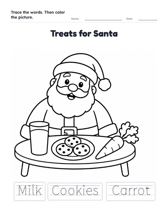 Treats for Santa worksheet (Easy, Pre-K–K)