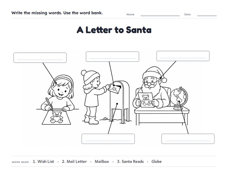 A Letter to Santa worksheet (Medium, Grades 1–2)