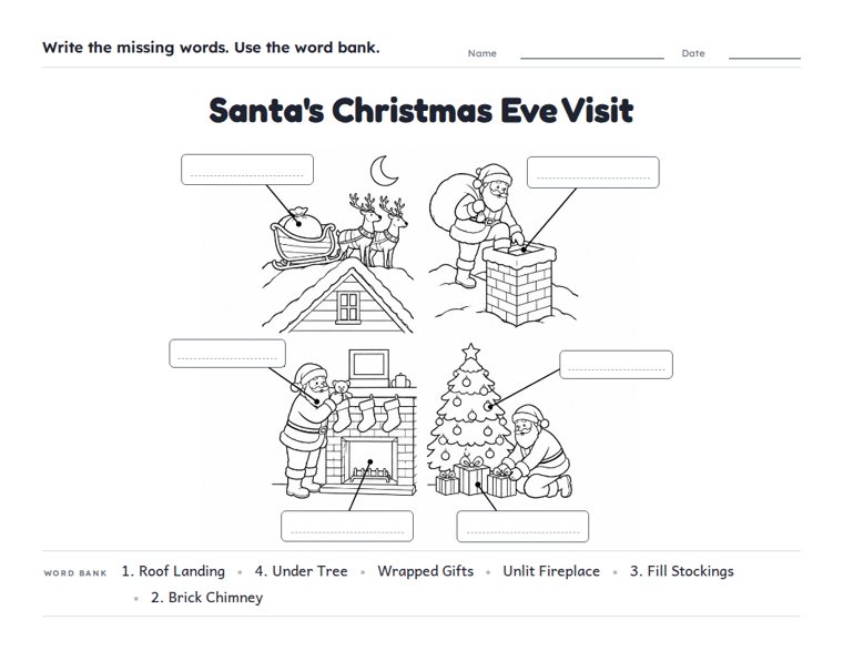 Santa's Christmas Eve Visit worksheet (Hard, Grades 3–4)