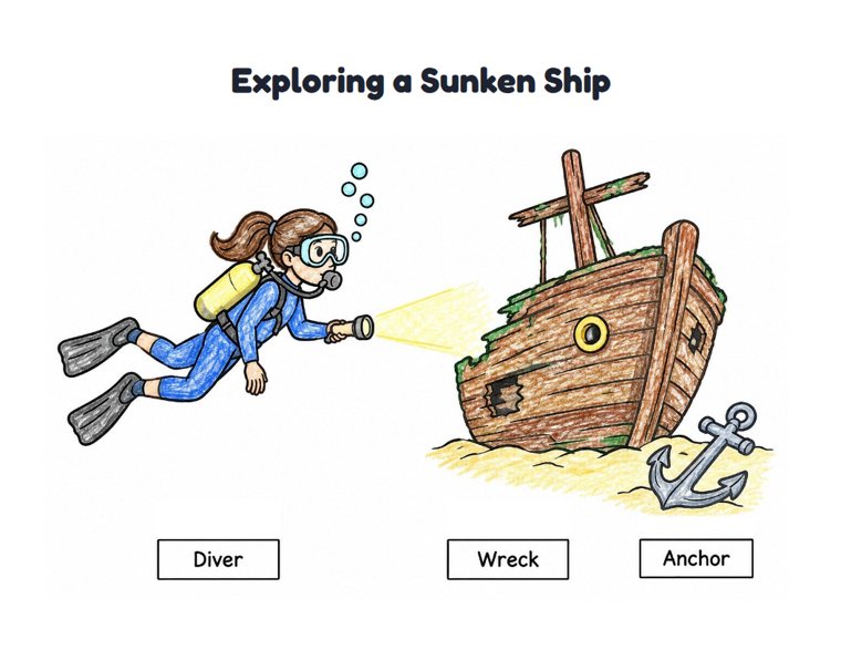 Exploring a Sunken Ship worksheet (Easy, Pre-K–K)