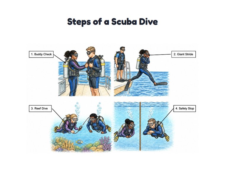 Steps of a Scuba Dive worksheet (Hard, Grades 3–4)