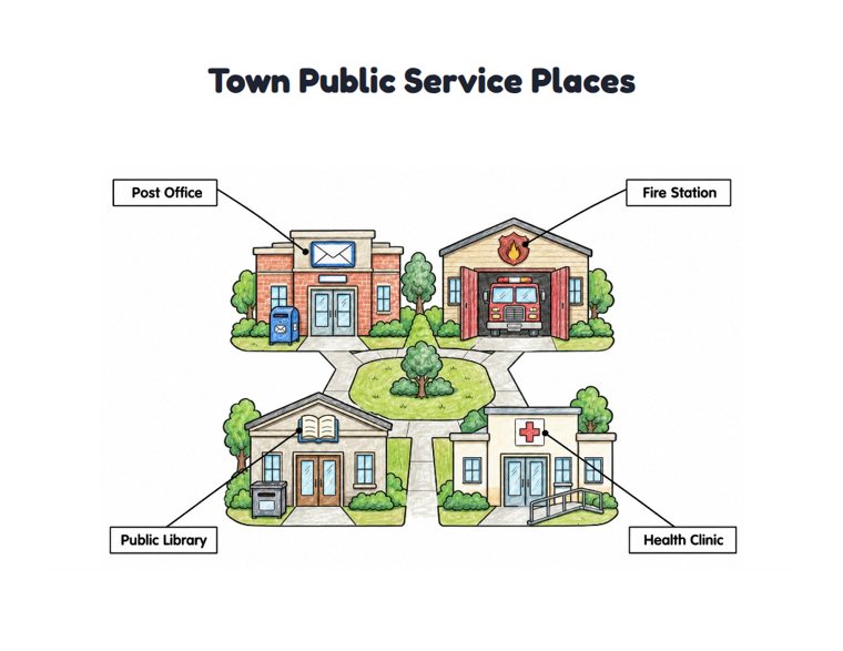 Town Public Service Places worksheet (Medium, Grades 1–2)