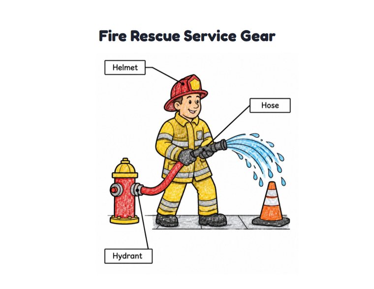 Fire Rescue Service Gear worksheet (Easy, Pre-K–K)