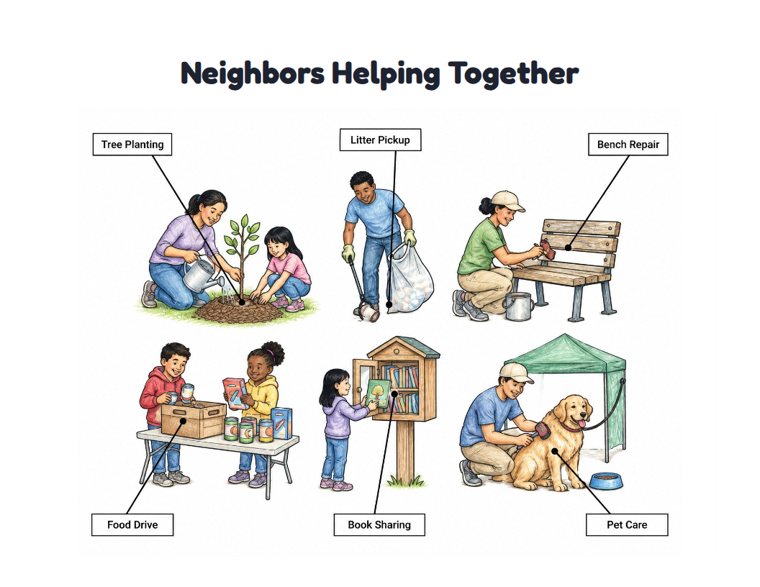 Neighbors Helping Together worksheet (Hard, Grades 3–4)