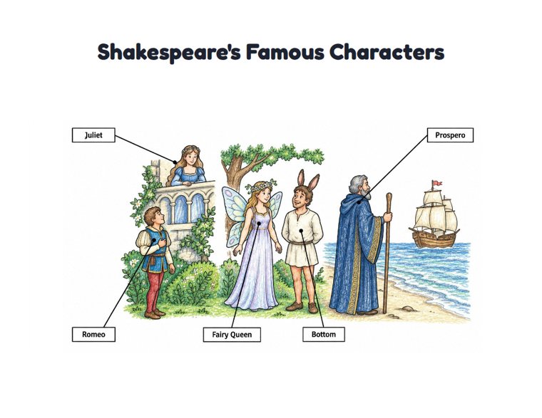 Shakespeare's Famous Characters worksheet (Medium, Grades 1–2)
