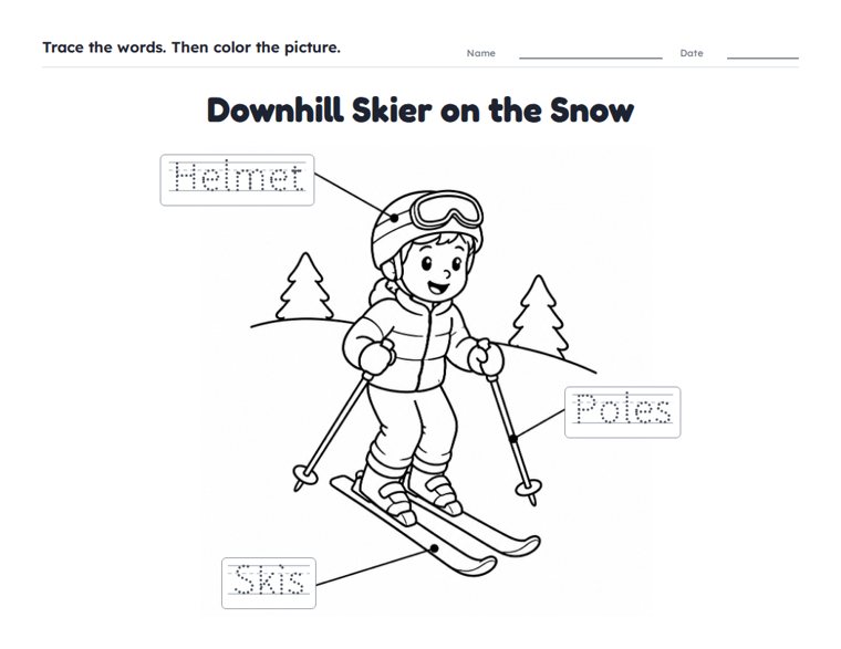 Downhill Skier on the Snow worksheet (Easy, Pre-K–K)