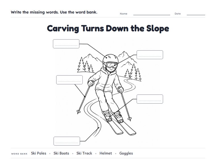 Carving Turns Down the Slope worksheet (Medium, Grades 1–2)