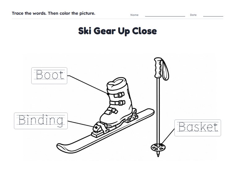 Ski Gear Up Close worksheet (Easy, Pre-K–K)