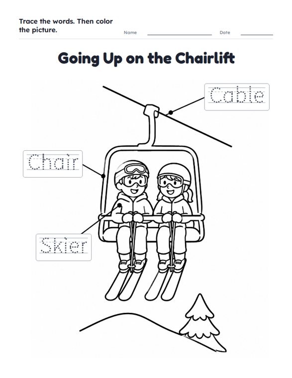 Going Up on the Chairlift worksheet (Easy, Pre-K–K)